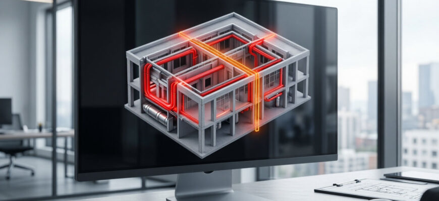 BIM-модель здания на экране монитора с автоматическим выделением коллизий между инженерными сетями и конструкциями