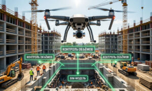 дрон с камерой выполняет аэрофотосъемку строительной площадки для контроля объёмов и безопасности